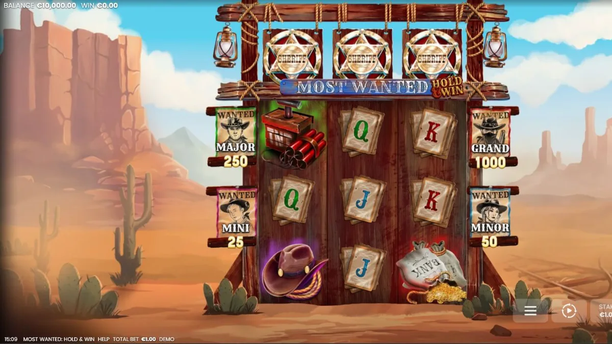 Tampilan visual slot Most Wanted: Hold & Win dengan tema koboi dan perbatasan liar.