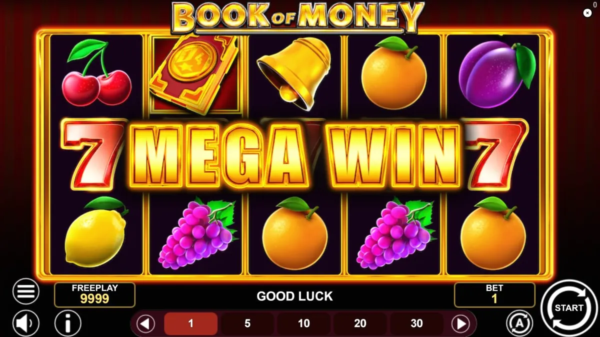 Tampilan visual slot Book of Money dengan simbol buah dan buku ajaib